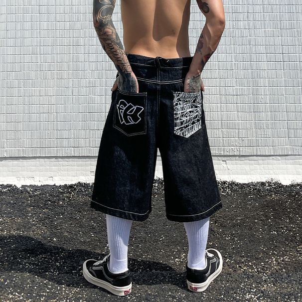 Men's Clothing Denim Shorts Summer Trendy Loose Washed Cut Five Point Casual Pants_viptrois.com