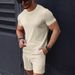 Men's Clothing Solid Color Jacquard Leisure Round Neck Pullover Short Sleeved Shorts_viptrois.com