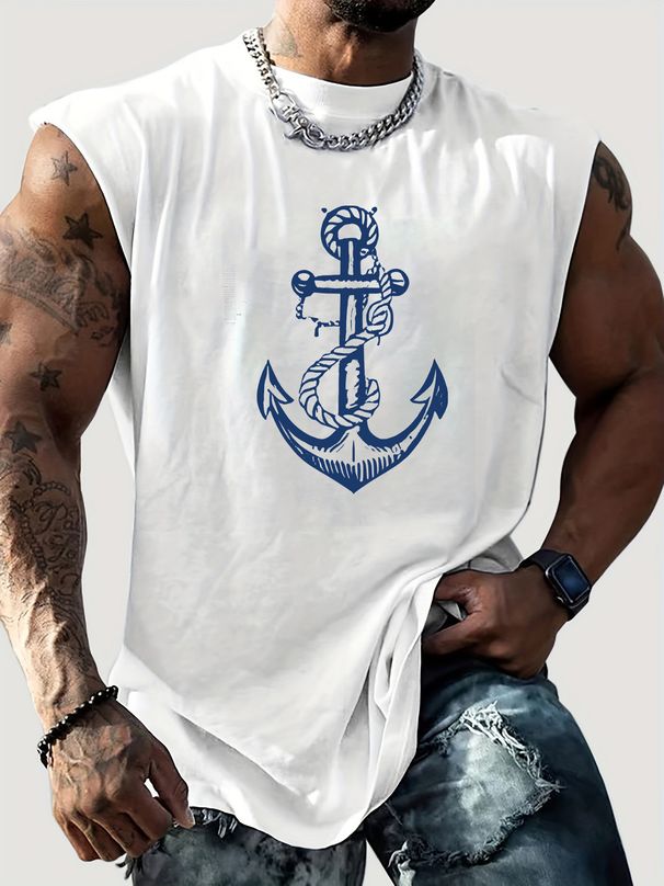 100% Pure Cotton Men's Summer Casual Sports Fitness Loose Boat Anchor Pattern Printed Breathable Round Neck Sleeveless Vest_viptrois.com