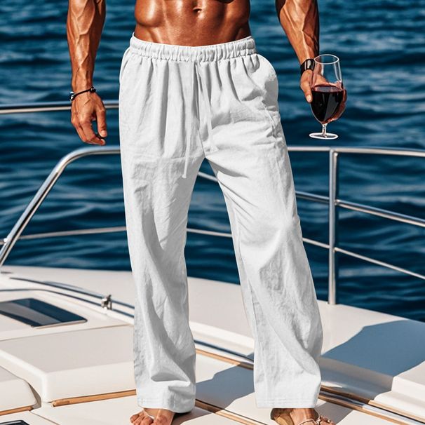Men's Pure Color Plain Mid-thigh Tie-wrapped Linen Slim-fit Breathable Loose Casual Straight-leg Long Pants_viptrois.com
