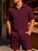 New Summer Men's Solid-color Jacquard Shirt Casual Sports Breathable Short-sleeved Short Pants Set_viptrois.com