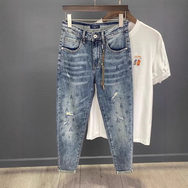 Distressed Ripped Patch Jeans For Men, Summer Thin Loose Fit, Trendy Brand, High-End Stretch Cropped Pants_viptrois.com