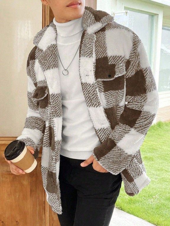 Men's Clothing Fashion Color Matching Plaid Lapel Three Dimensional Pocket Mid Length Jacket_viptrois.com