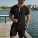 Summer Men's Shorts Set Waffle Knit Collar Color Block Pocket Button Short Sleeved Top And Bottoms Outfit_viptrois.com