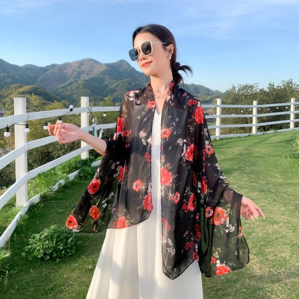 Summer New Floral Chiffon Scarf For Women Outdoor Travel Versatile Extended Thin Sun Protection Shawl Beach Towel_viptrois.com