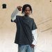 American High Street Style Unisex Washed And Distrsed Fake Two-piece Long Sleeve T-shirt With Spliced_viptrois.com