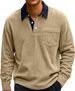 "Men's Retro Corduroy Polo Shirt – Color Block Long Sleeve Button Pocket Casual Top (Black, Army Green, Dark Blue, Khaki)"_viptrois.com