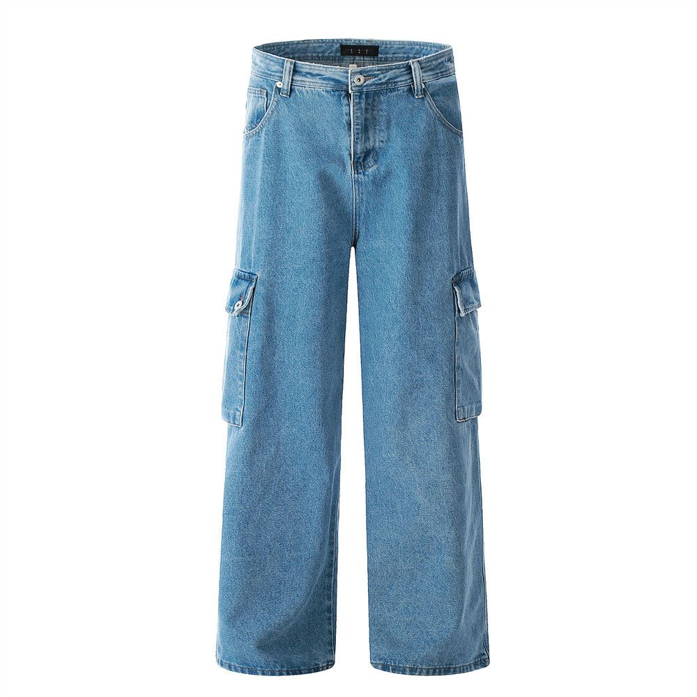 Men's Denim Cargo Loose Wide-Leg Straight Long American High Street Style Large Pocket Design Washed Casual Pants_viptrois.com