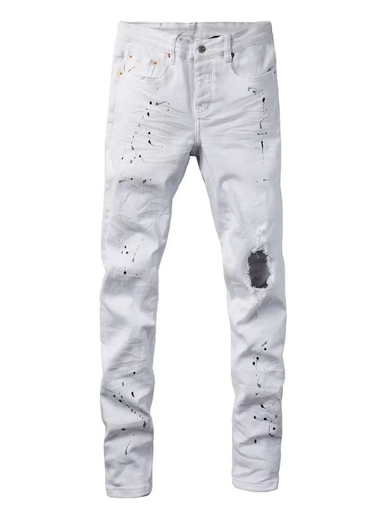 Men's Slim Fit Straight Jeans With Splatter Paint & Patchwork Details - Stretch Denim Pants For Casual Streetwear_viptrois.com
