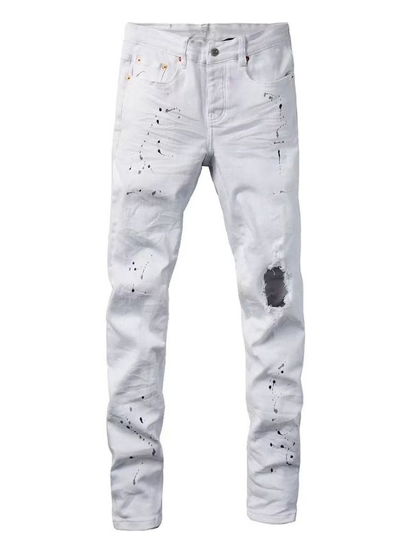 Men's Slim Fit Straight Jeans With Splatter Paint & Patchwork Details - Stretch Denim Pants For Casual Streetwear_viptrois.com