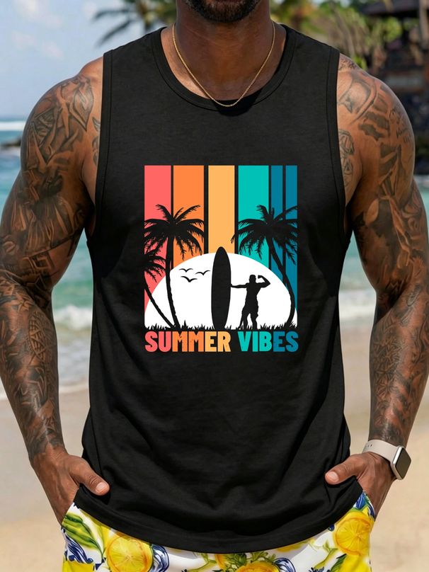 Canotta Uomo Girocollo 100% Cotone Stampa Palme E Tavola Da Surf Morbida Traspirante Senza Maniche Vacanze Quotidiane Estivo Multicolore_viptrois.com