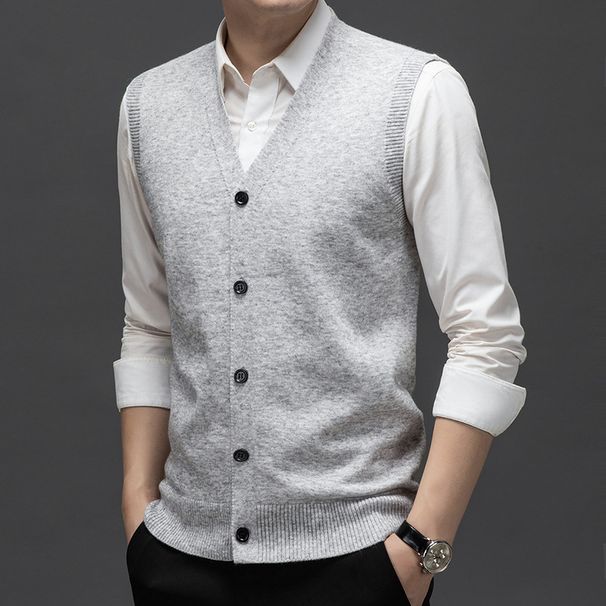 New Men's Wool Knitted Vest Business Work Clothes Solid Color Knitted Cardigan Vest Foreign Trade Export Style_viptrois.com