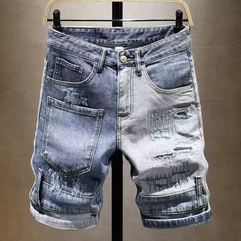 Ripped Denim Shorts For Men In Summer, Thin Print, Scraped And Slim Fit, Versatile Korean Style Trendy Cropped Pants_viptrois.com