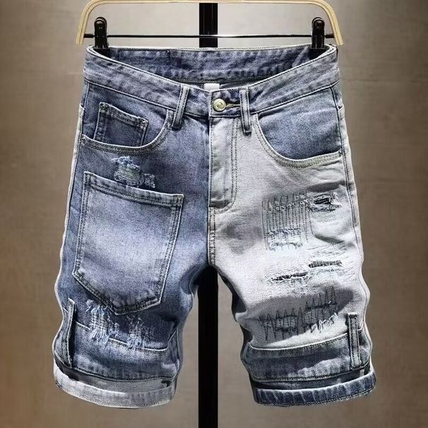 Ripped Denim Shorts For Men In Summer, Thin Print, Scraped And Slim Fit, Versatile Korean Style Trendy Cropped Pants_viptrois.com