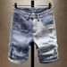 Ripped Denim Shorts For Men In Summer, Thin Print, Scraped And Slim Fit, Versatile Korean Style Trendy Cropped Pants_viptrois.com