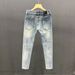 Men's Clothing Washed Blue Ripped Jeans Men's Autumn New Style Personality Scraped Slim Fit High Versatile Trousers_viptrois.com