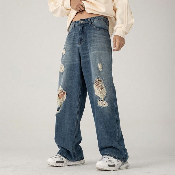 Men's Clothing Ripped Jeans For Men Ins Street Style Retro Loose Washed Wide Leg Denim Mopping Handsome Loose Straight Pants_viptrois.com