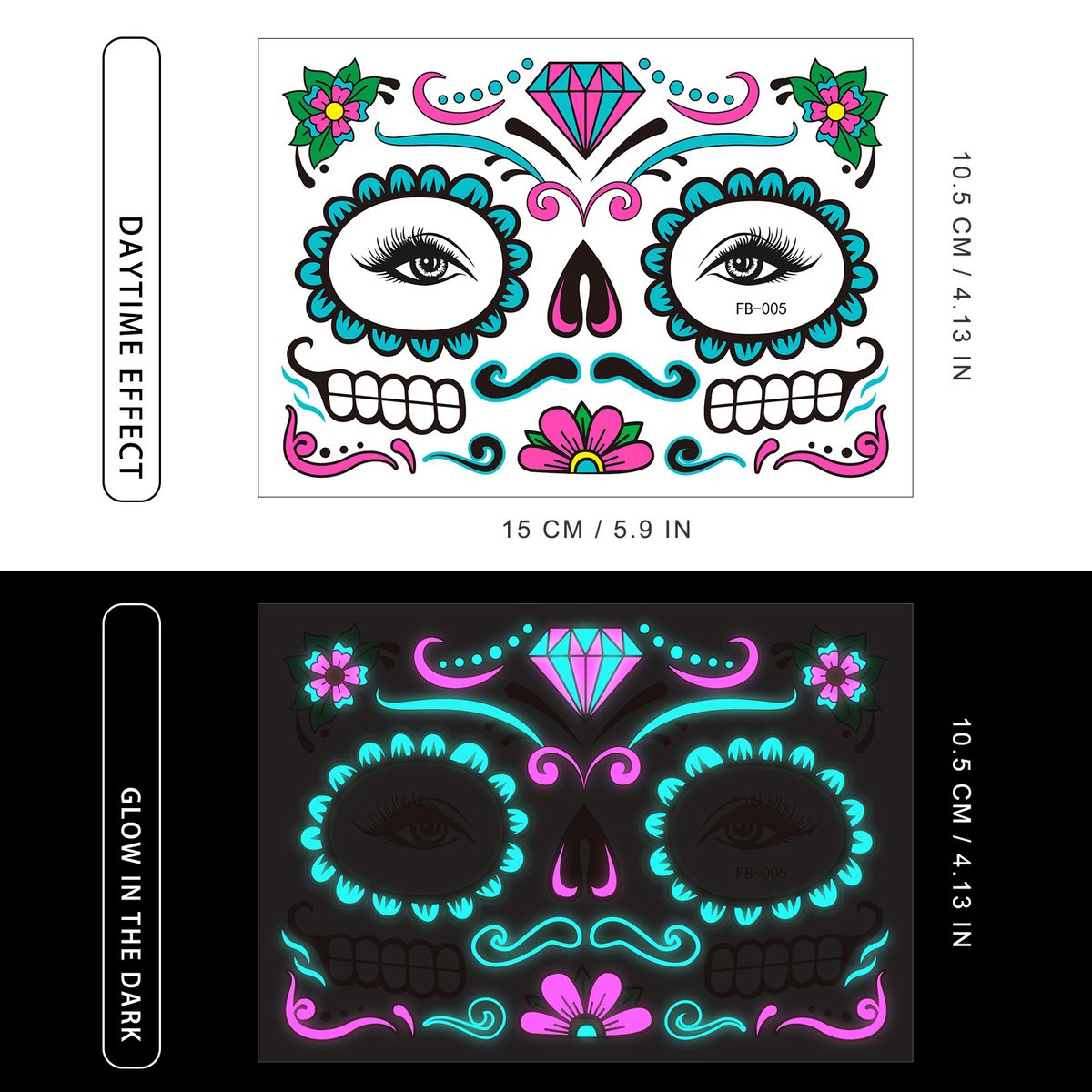 Funny Halloween two-color glow-in-the-dark tattoo face with Day of the Dead scar tattoo sticker_viptrois.com