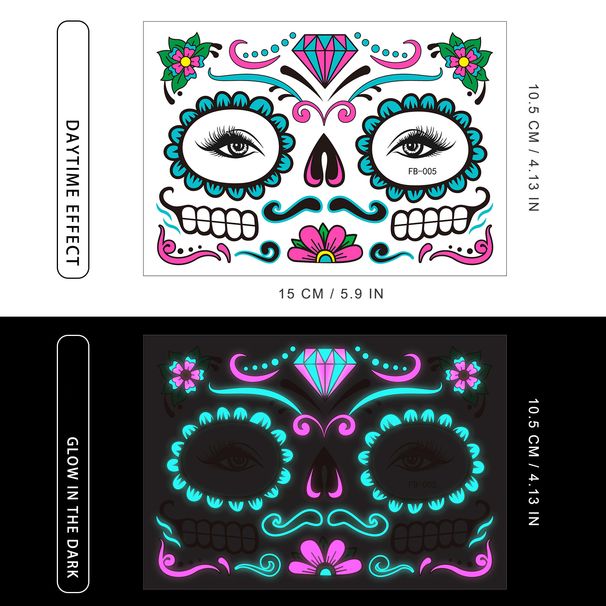 Funny Halloween two-color glow-in-the-dark tattoo face with Day of the Dead scar tattoo sticker_viptrois.com