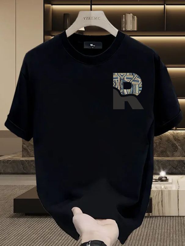 Summer New Short-sleeved T-shirt, Men's Half-patch Ethnic Geometric R Letter Creative Printing Half-sleeved Youth Trend Versatile Casual Loose Base_viptrois.com