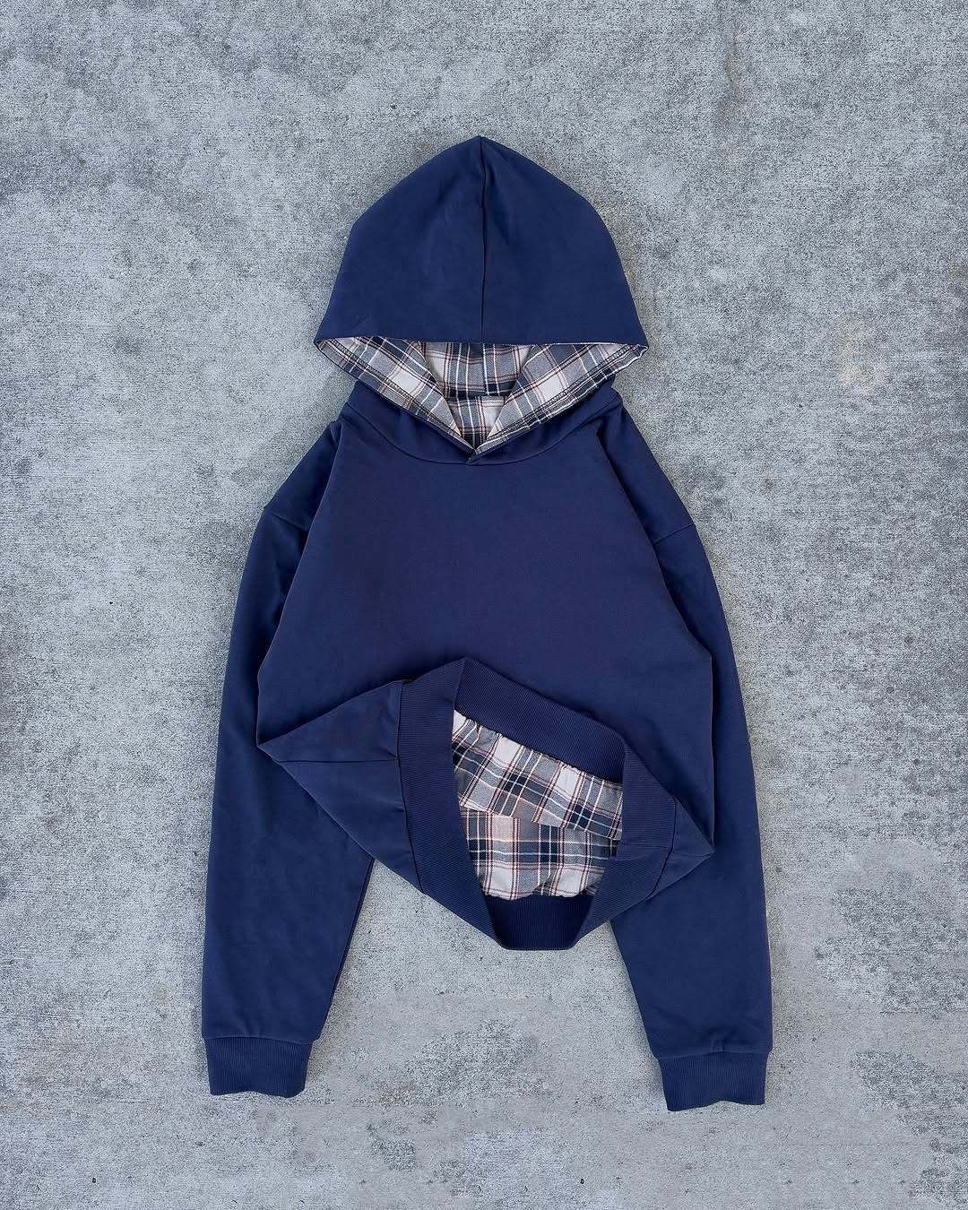 Men's Oversized Plaid Hoodie – Streetwear Pullover With Checkered Print, Hip-Hop Inspired Heavyweight Sweatshirt (Light Grey/Black/Navy Blue)_viptrois.com