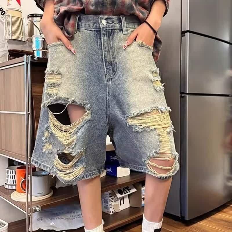Men's Clothing Unisex Retro Washed Distressed Denim Shorts Loose Fit Casual Versatile Trendy Shorts Export Style_viptrois.com