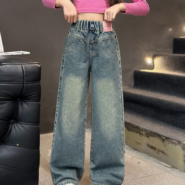 Kids Clothing Girls pants spring and autumn outer wear middle and large children straight loose trousers plus velvet children's jeans_viptrois.com