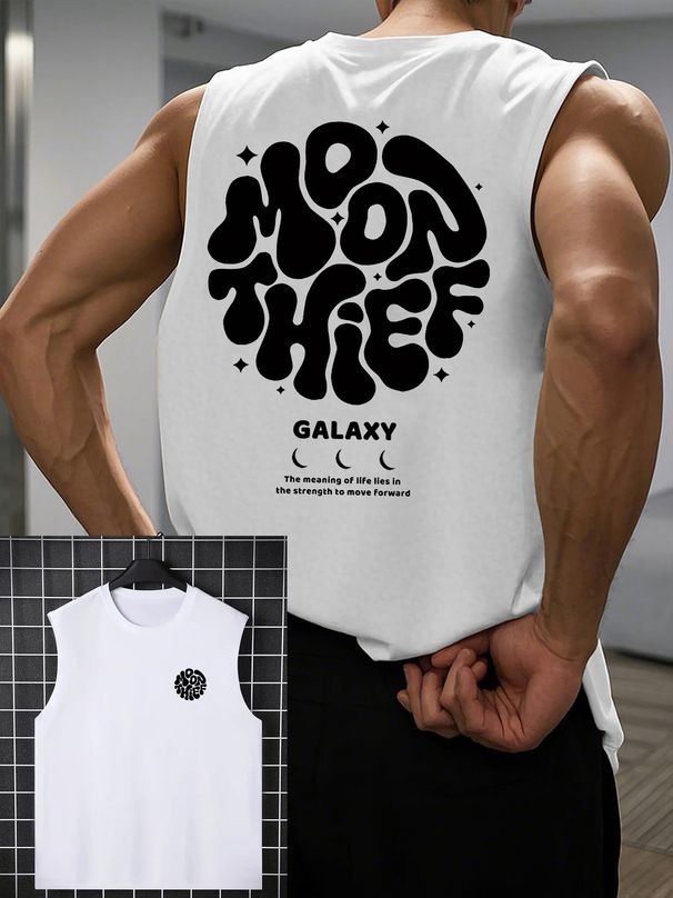 100% Pure Cotton Men's Summer Casual Sports Fitness Loose MOON THIEF Pattern Printed Breathable Round Neck Sleeveless Vest_viptrois.com