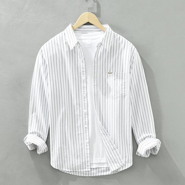 2026 High-quality Striped Oxford Spun Long Sleeved Shirt Men's Pure Cotton Casual Loose Square Neck Shirt Top Long Sleeved Shirt_viptrois.com