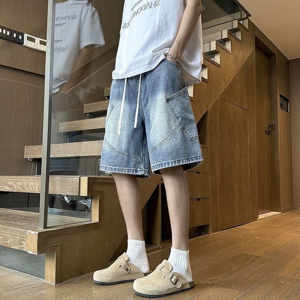 Men's Vintage Blue Washed Denim Shorts, Loose Fit Casual Cargo Shorts For Teen Boys, Summer Streetwear Fashion, Comfortable Cotton Mid-Thigh Shorts_viptrois.com