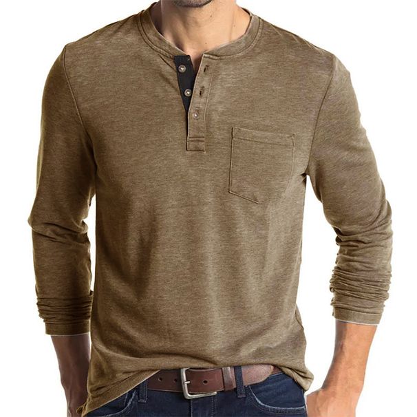 Men's Slim Fit Long-Sleeve Henley T-Shirt – Breathable Cotton Blend, 18 Color Options (S-Xxxl, Pocket Detail, Moisture-Wicking)_viptrois.com