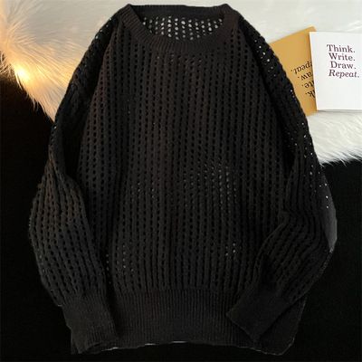 Men's Clothing Knit Sweater With Lace Hollow-Out Design, Round Neck Pullover, Solid Color Couple's Fashion, Retro Loose Fit Korean Style Layering Top_viptrois.com