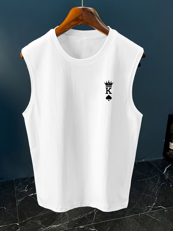 100% Pure Cotton Men's Summer Casual Sports Fitness Loose Letter K Pattern Printed Breathable Round Neck Sleeveless Vest_viptrois.com