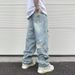 Men's Clothing High Street Hip Hop Vibe Washed Blue Ripped Cat Whisker Street Summer Straight Pants Loose Men's Jeans_viptrois.com