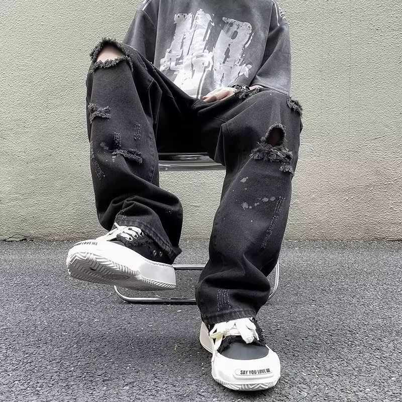 Men's Clothing Spring And Summer Ripped Raw Edge Washed Jeans High Street Fashion Hiphop Slim Straight Pants_viptrois.com
