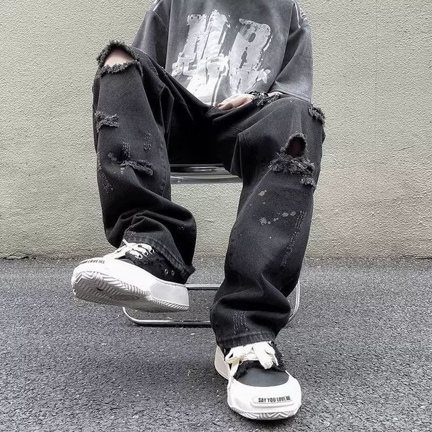 Men's Clothing Spring And Summer Ripped Raw Edge Washed Jeans High Street Fashion Hiphop Slim Straight Pants_viptrois.com