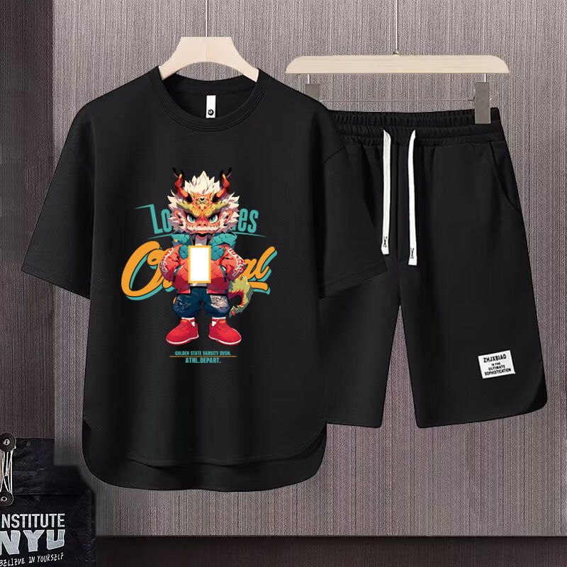 Men's Clothing 2024 Waffle Casual Summer Suit Men's Loose Teen Short sleeved T shirt Shorts Handsome Two piece Suit_viptrois.com