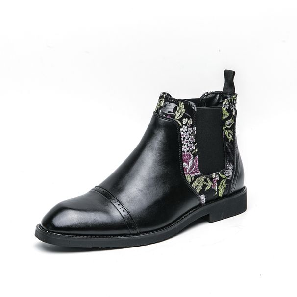 New Style Stylish Personalized Jacquard Chelsea Boots Fashion Flower Blooming Wealth Embroidery Men's Boots Brown Retro Gentleman's Leather Boots_viptrois.com