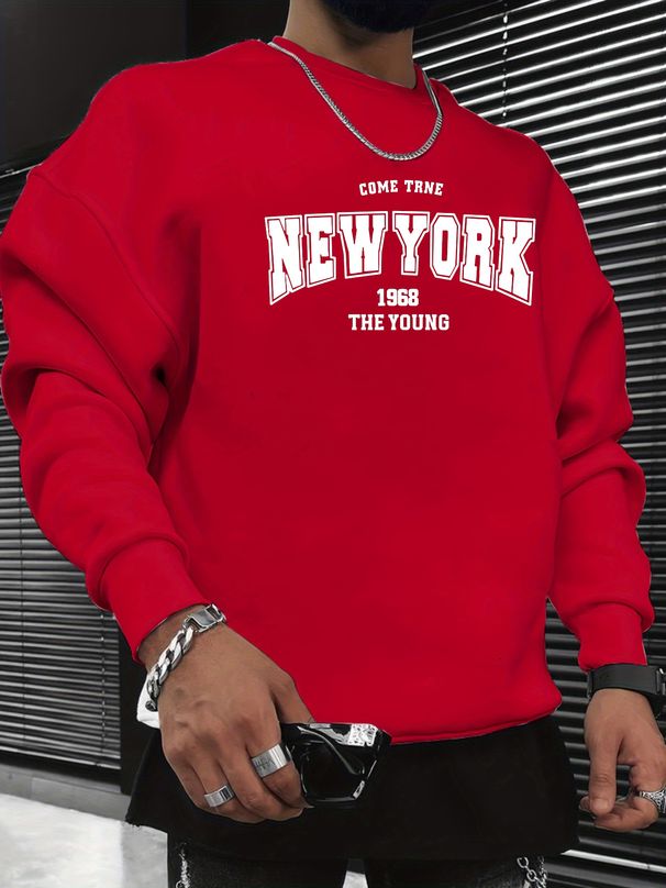 Men's Loose Casual Fashionable Classic New York Letter Pattern Printed Round Neck Long Sleeved Sweatshirt Suitable For Autumn And Winter Wear_viptrois.com