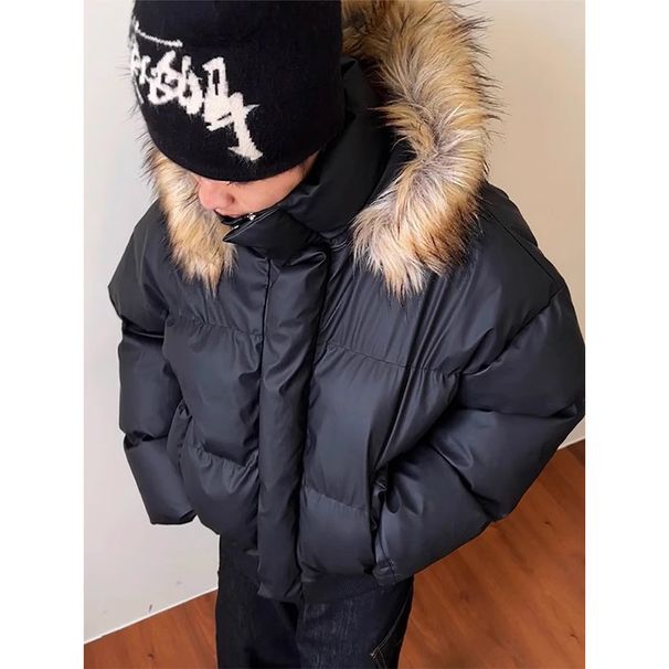 2026 Mountain Eagle Fur Collar PU Leather Parka Cotton For Men And Women Winter Short Style Textured Hooded Thickened Coat_viptrois.com
