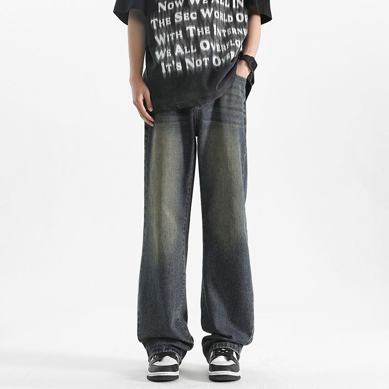 American High Street Washed Dark Blue Jeans For Men Summer Ins Trendy Brand Versatile Wide-Leg Straight Distressed_viptrois.com