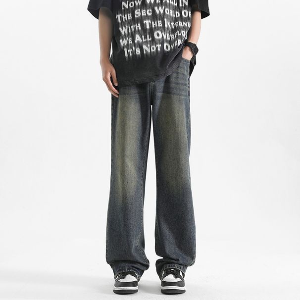 American High Street Washed Dark Blue Jeans For Men Summer Ins Trendy Brand Versatile Wide-Leg Straight Distressed_viptrois.com