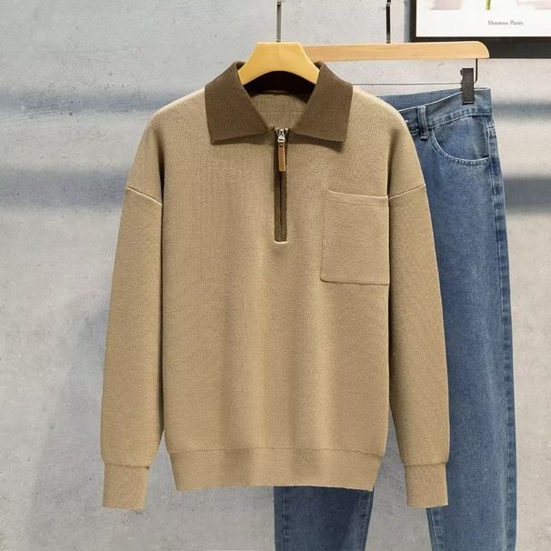 Men's Clothing Contrast Color Polo Collar Sweater Autumn And Winter Men's Half Zip Knit Sweater Loose Bf Trend Handsome Casual Tops_viptrois.com