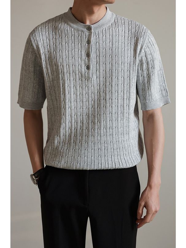 Men's Clothing Summer New Style Knitted Sweater Solid Color Pullover Button Short Sleeve Top Men's High Grade Henry Collar Design Polo Shirt_viptrois.com