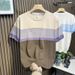Men's Clothing Gradient Stripes Contrast Color Round Neck Knitted Short Sleeved T Shirt Summer High End Business Casual Top_viptrois.com