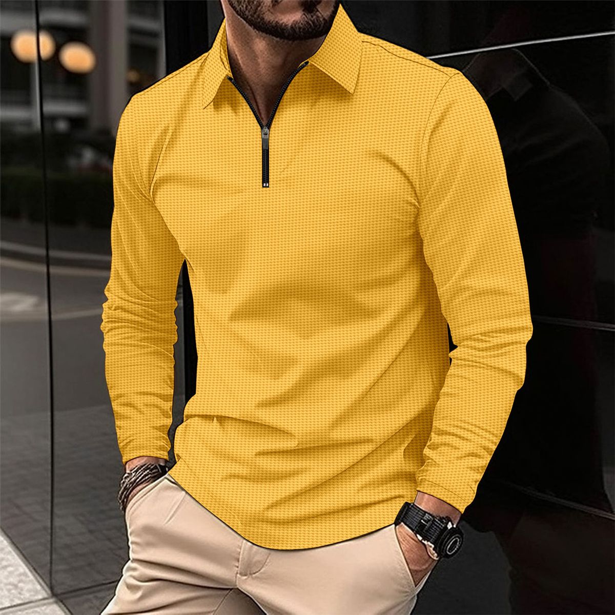 Men's Clothing Waffle Solid Color Zipper Long Sleeved Shirt_viptrois.com