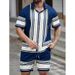 Men's Casual Striped Digital Print Suit Short Sleeve Shirt And Beach Shorts Set Style_viptrois.com