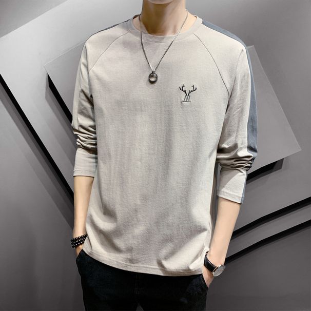 Spring And Autumn New Long Sleeve T-Shirt Trendy Round Neck Loose Bottom Shirt Simple Fashion Splicing Cotton Casual_viptrois.com
