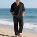 Men's Linen Casual Long Sleeve T-Shirt & Pants Set - Relaxed Fit V-Neck Beach Outfit For Autumn (Grey, Black, Light Blue, Khaki, Olive Green)_viptrois.com