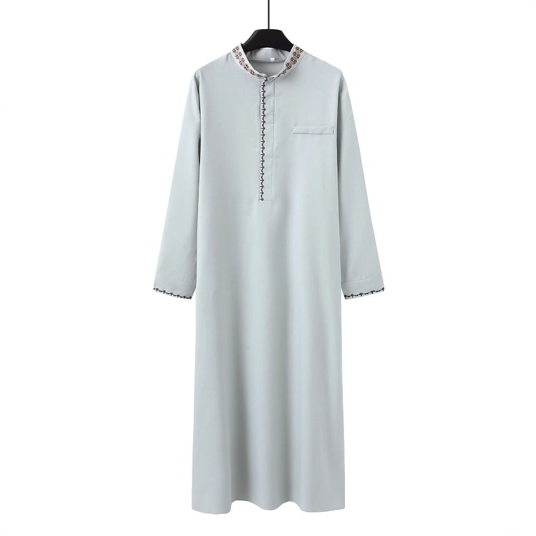 Men's Clothing Loose Stand Collar Robe Embroidered Long Sleeves Pockets Longer_viptrois.com